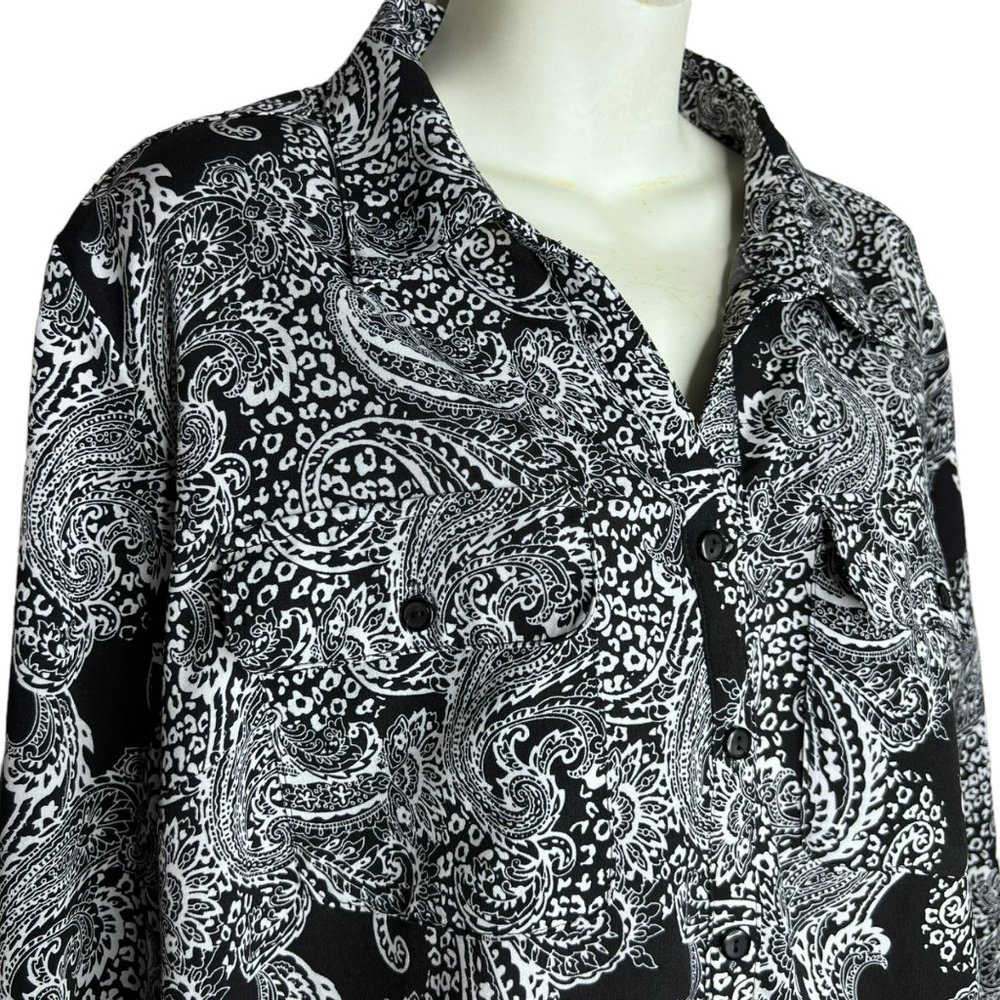 Notations Women’s Paisley Blouse Long Sleeve Black White Relaxed Fit Size XL